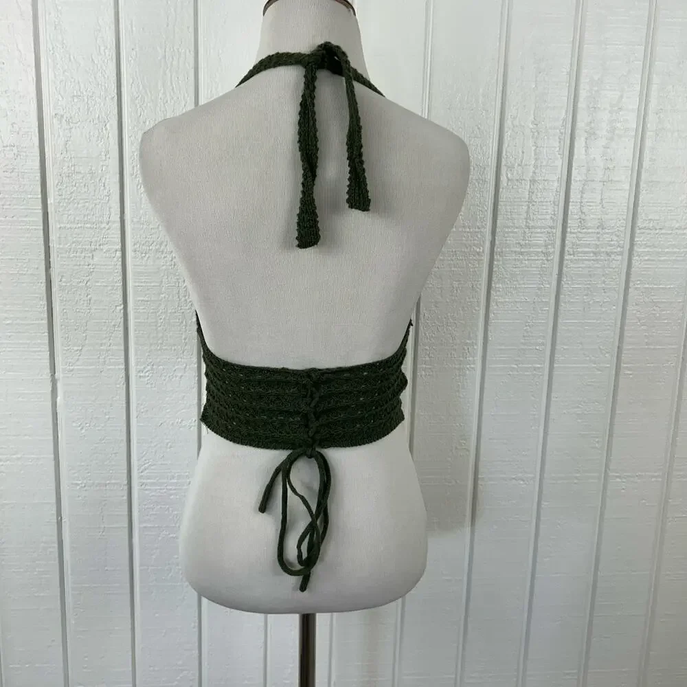 Crochet Knit Halter Top Boho Fairy Grunge Festival Beach Women XS S Green - Picture 3 of 4